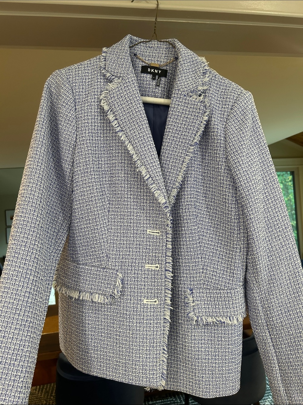 DKNY Light Blue Tweed Fringe-Trim Blazer